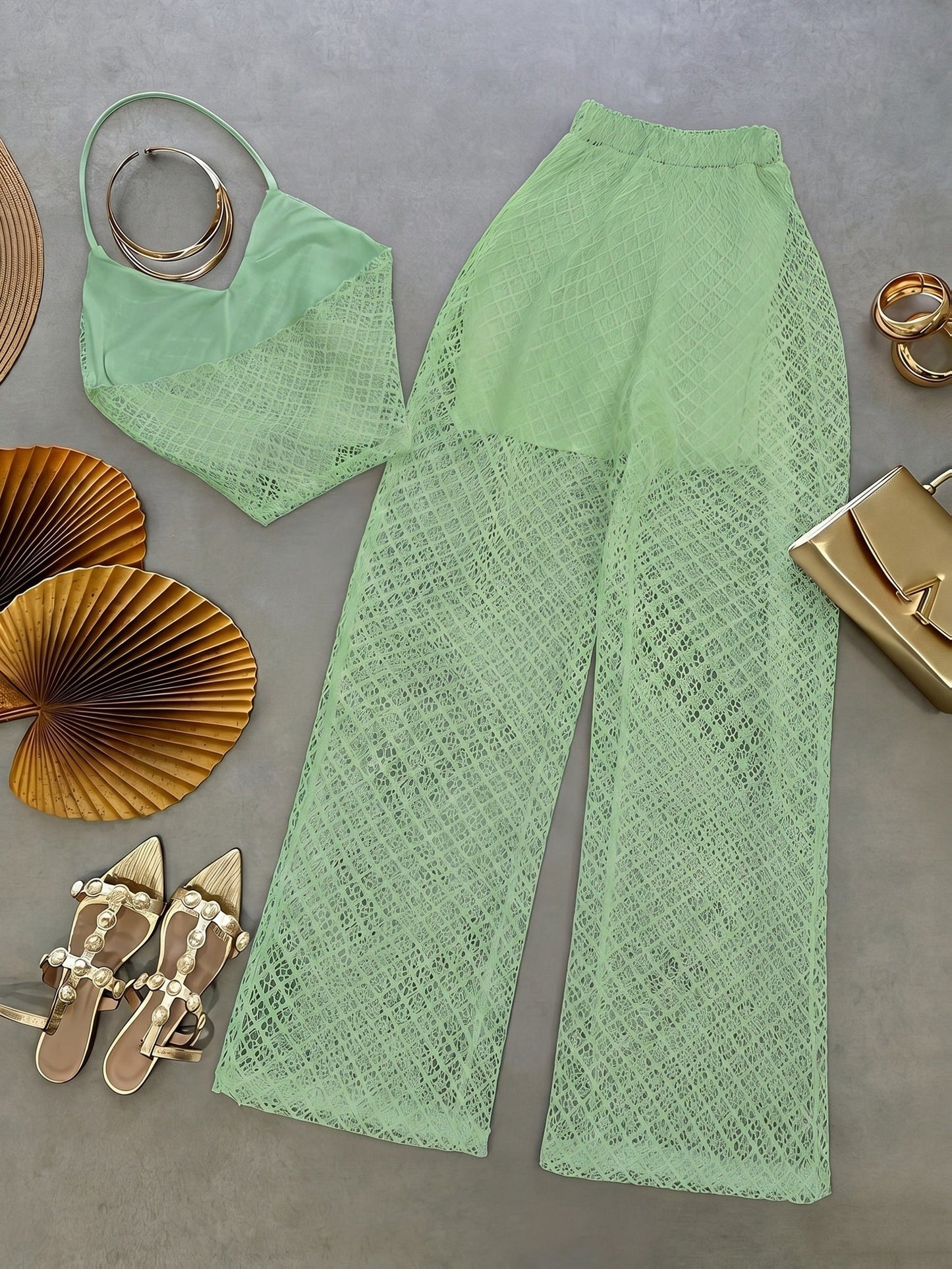 Damen Set Elegantes Häkel-Outfit mit Top und weiter Hose – Stilvolles Strand- & Urlaubsensemble