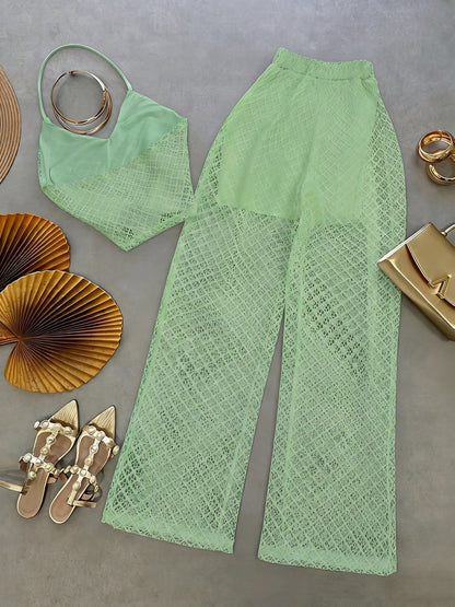 Damen Set Elegantes Häkel-Outfit mit Top und weiter Hose – Stilvolles Strand- & Urlaubsensemble