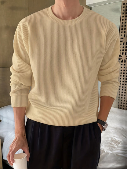 Gerippter Pullover Langarm Rundhalsausschnitt Freizeit Sweater für Herren – Weich & Bequem