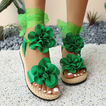 Damen Sandalen mit Blumenverzierung und Schleifen – Verspielte Sommerschuhe im femininen Stil