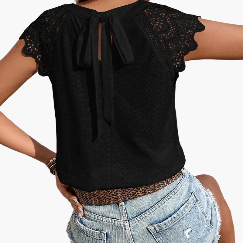 Damen Häkel-Spitzenbluse mit Rückenschleife – Sommerlich, Boho, Casual