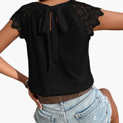 Damen Häkel-Spitzenbluse mit Rückenschleife – Sommerlich, Boho, Casual