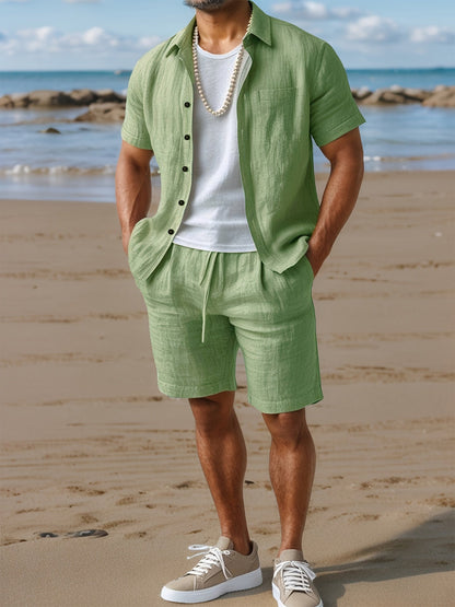 Herren Leinen-Look Strand Outfit Set – Kurzarm Hemd & Shorts, Lässig Sommer Boho
