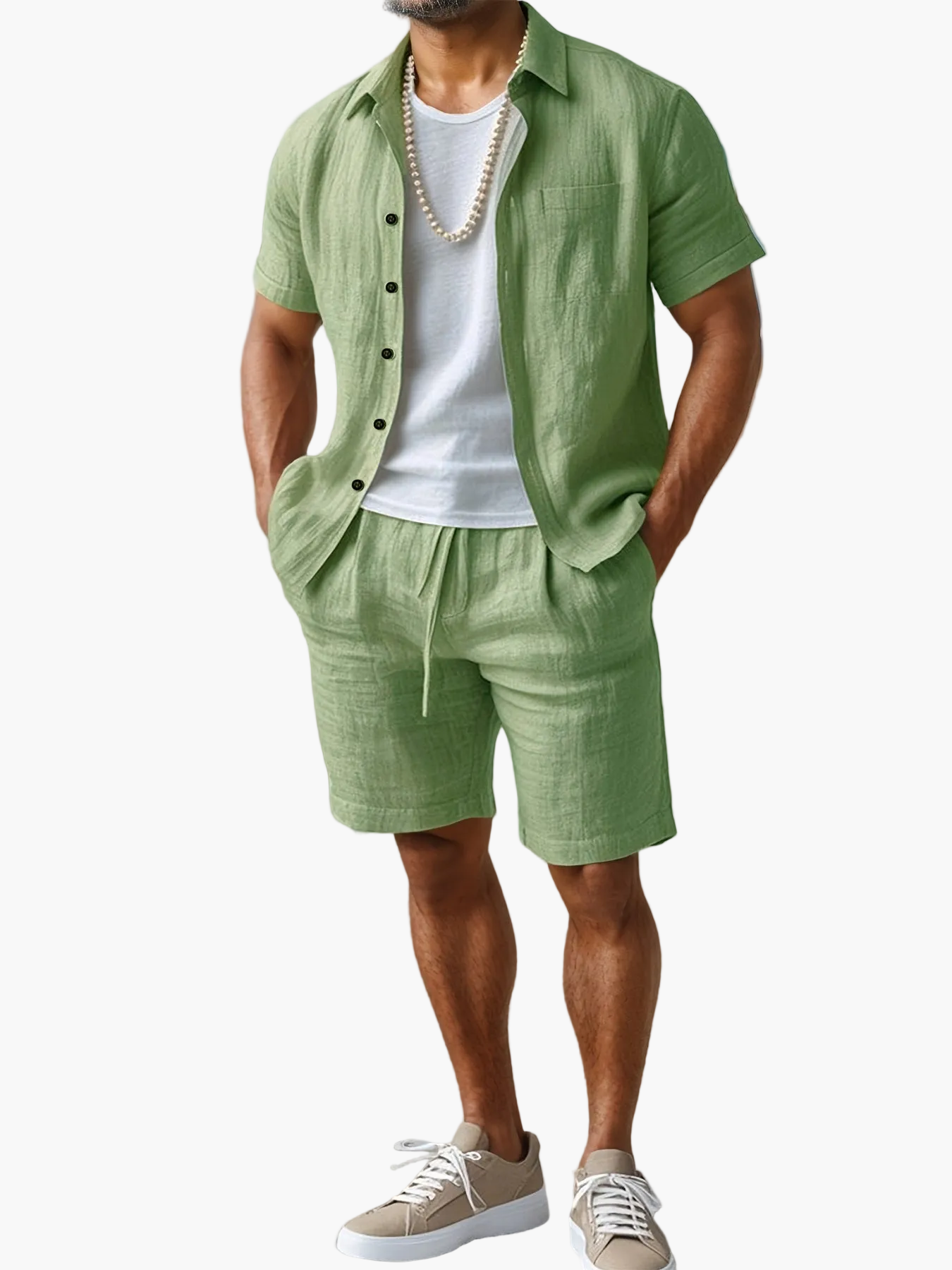 Herren Leinen-Look Strand Outfit Set – Kurzarm Hemd & Shorts, Lässig Sommer Boho