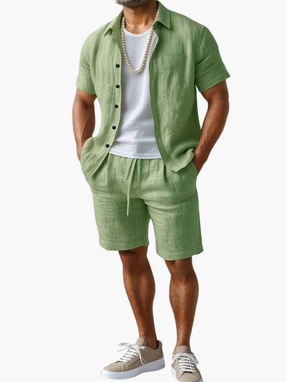 Herren Leinen-Look Strand Outfit Set – Kurzarm Hemd & Shorts, Lässig Sommer Boho