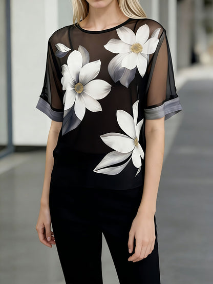 Damen Bluse mit floralen Akzenten und eleganter Transparenz – Stilvolle Mode für Büro und Freizeit
