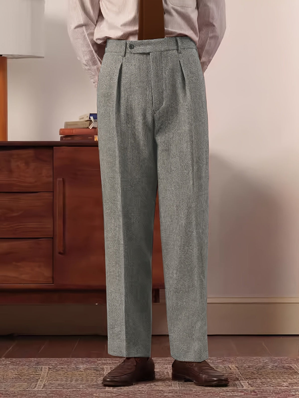Damen Hose mit Fischgrätmuster Grau Brauner Strickpullover Gürtel Casual Look