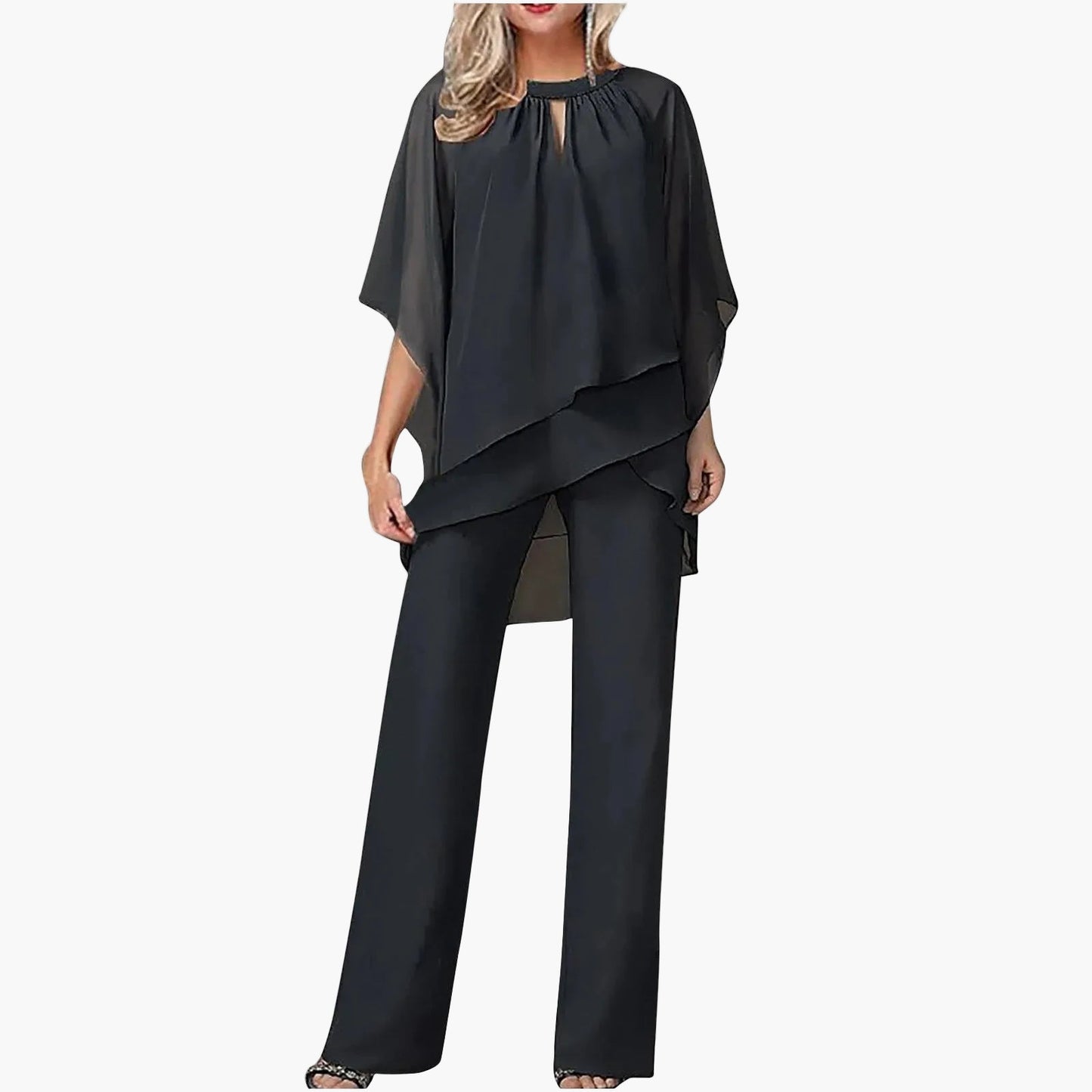 Damen-Hosenanzug mit Chiffon-Überwurf und Keyhole-Ausschnitt