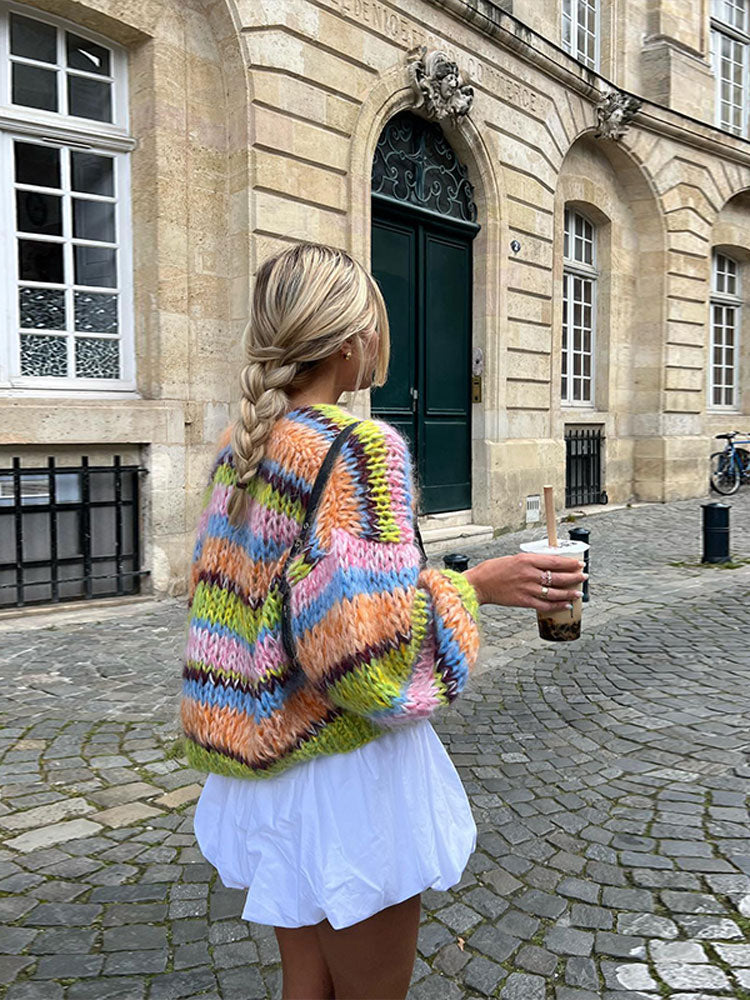 Damen Strick-Cardigan mit Farbblöcken und Ballonärmeln