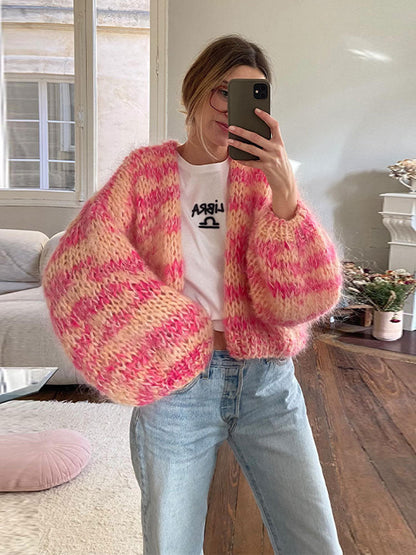 Damen Strick-Cardigan mit Farbblöcken und Ballonärmeln
