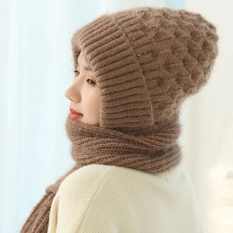 Winter-Mütze & Schal Set für Damen, Strick-Mütze mit Ohrenklappen und passender Schal