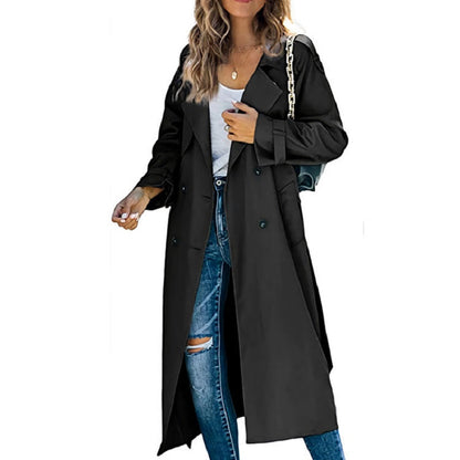 Damen Langer Trenchcoat Zweireihig mit Reverskragen und Bindegürtel