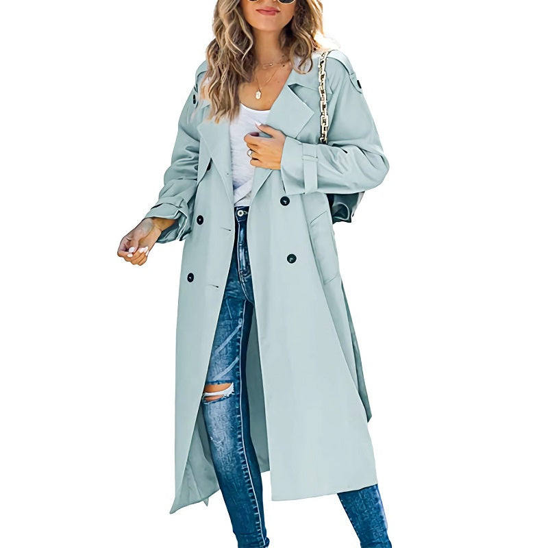 Damen Langer Trenchcoat Zweireihig mit Reverskragen und Bindegürtel