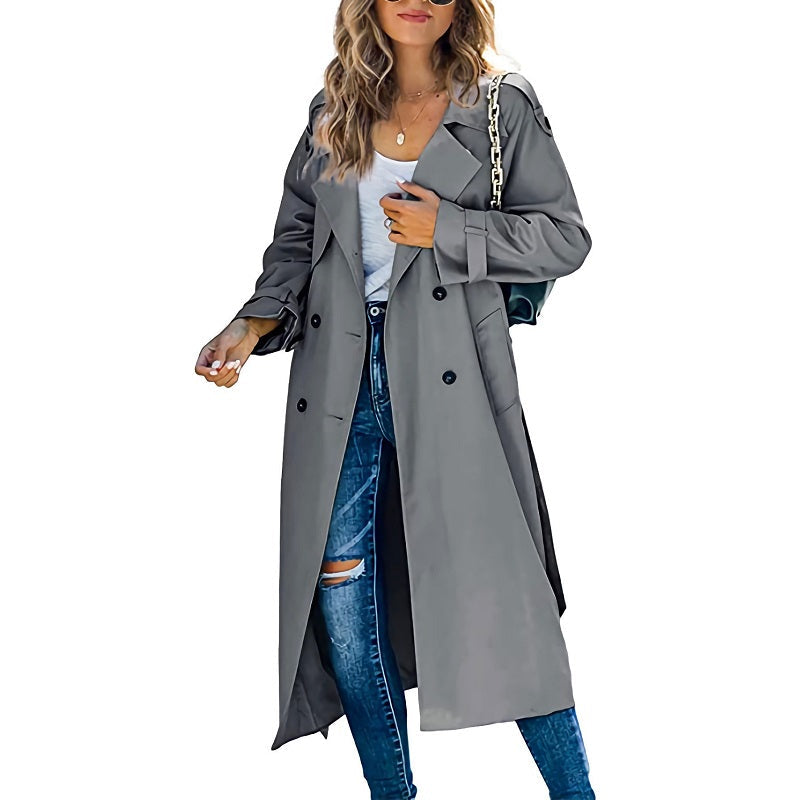 Damen Langer Trenchcoat Zweireihig mit Reverskragen und Bindegürtel