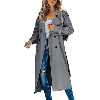 Damen Langer Trenchcoat Zweireihig mit Reverskragen und Bindegürtel