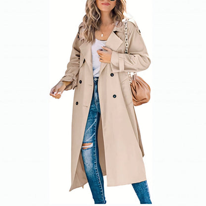 Damen Langer Trenchcoat Zweireihig mit Reverskragen und Bindegürtel