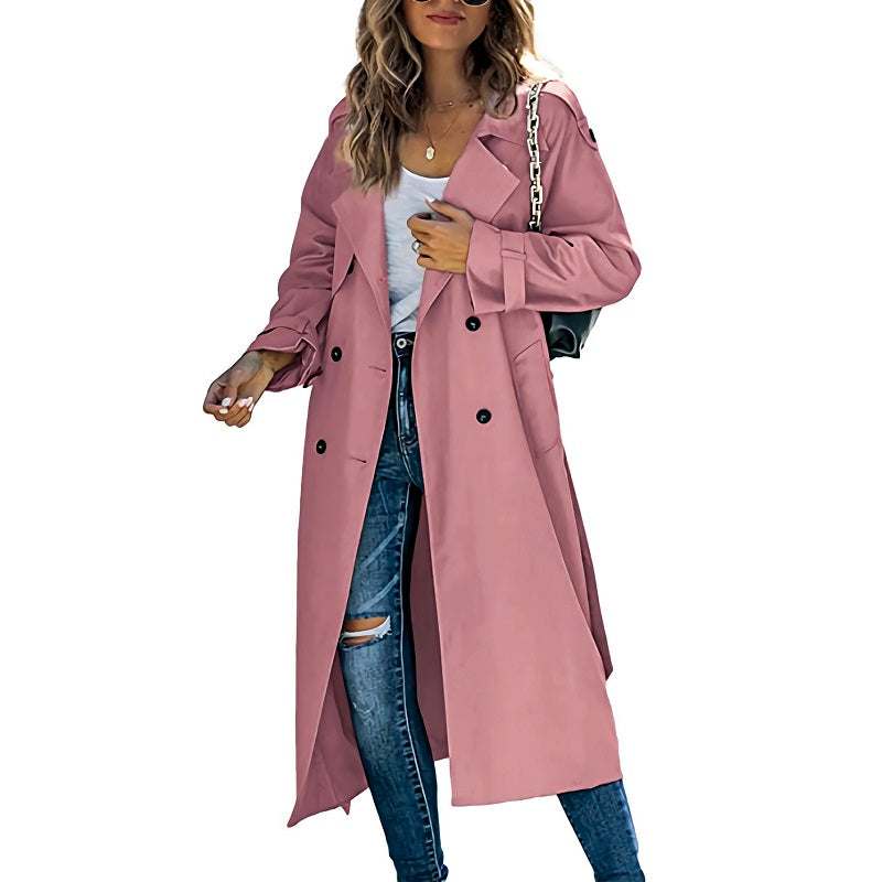 Damen Langer Trenchcoat Zweireihig mit Reverskragen und Bindegürtel