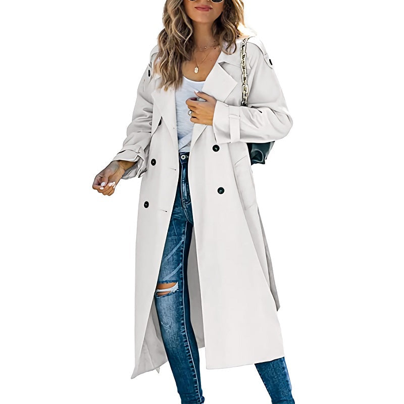 Damen Langer Trenchcoat Zweireihig mit Reverskragen und Bindegürtel