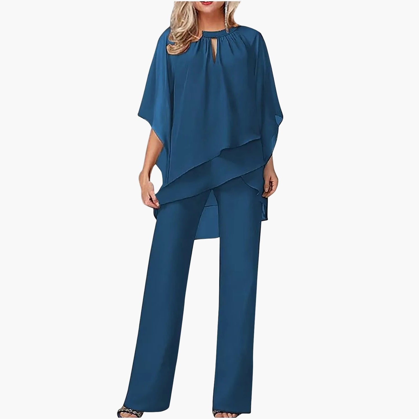 Damen-Hosenanzug mit Chiffon-Überwurf und Keyhole-Ausschnitt