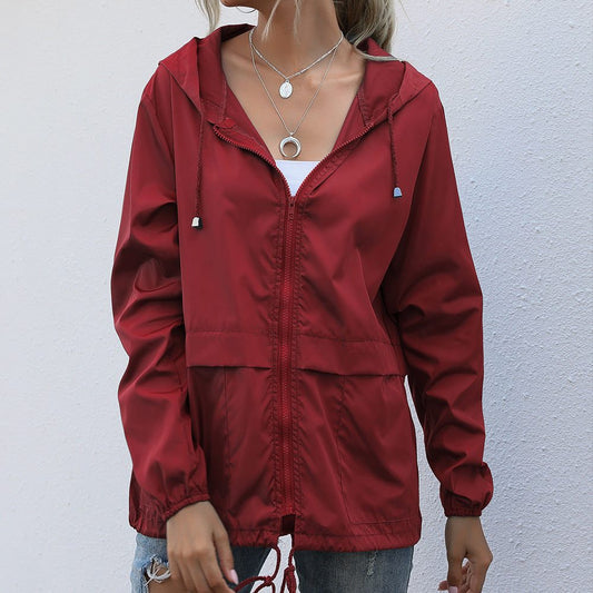 Damen Leichte Windjacke mit Kapuze Reißverschluss Tunnelzug