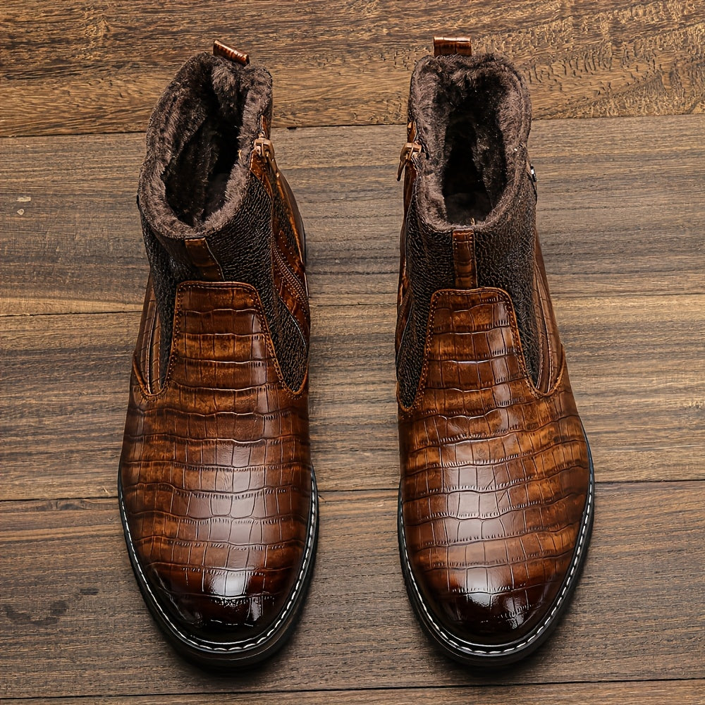 Herren Stiefeletten Braun Kroko-Optik Warm Gefüttert