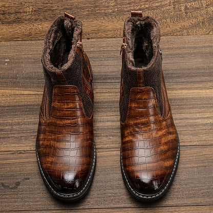 Herren Stiefeletten Braun Kroko-Optik Warm Gefüttert