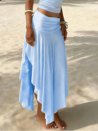 Damen Maxirock Strandstil mit Wickeloptik und Rüschen – Eleganter Boho-Look für Urlaub und Freizeit