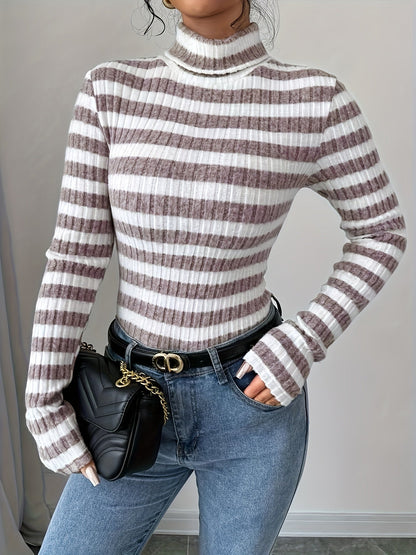 Damen Rollkragenpullover Gerippt Gestreift Langarm Oberteil