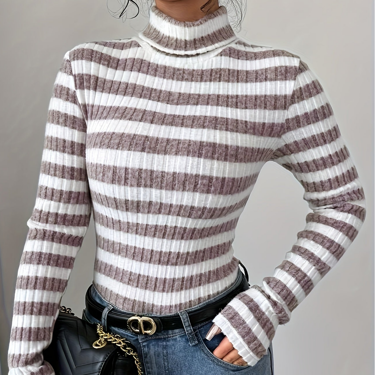 Damen Rollkragenpullover Gerippt Gestreift Langarm Oberteil