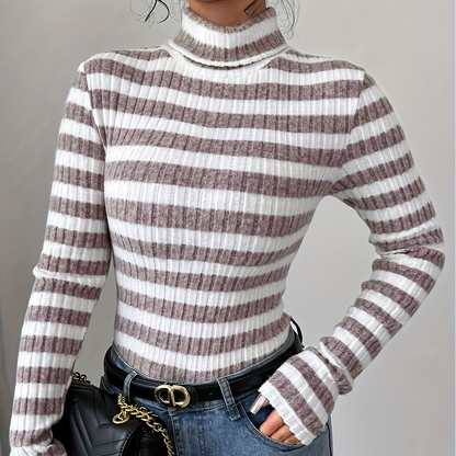Damen Rollkragenpullover Gerippt Gestreift Langarm Oberteil