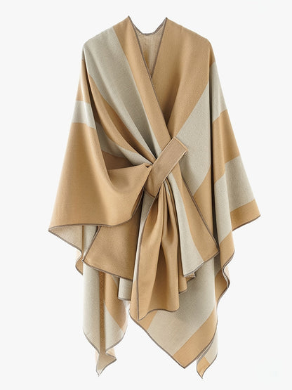 Damen Poncho Cape mit Streifenmuster & Knoten-Detail, weicher Stoff