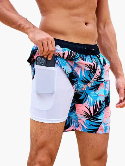 Herren Badeshorts mit Kompressions-Innenshorts – Moderne, schnell trocknende Swimshorts mit tropischem Muster für Strand & Sport