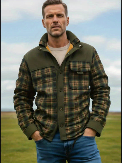Herren Hemdjacke Grün Kariert mit Sherpa-Futter und Cord-Details