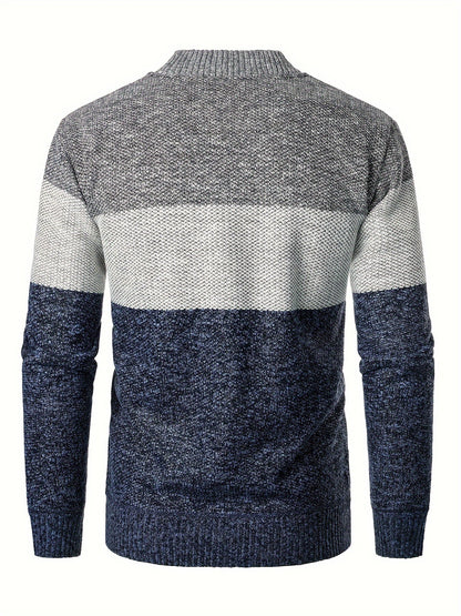 Herren Cardigan gestreift mit Stehkragen – melierter Strick und kariertes Futter