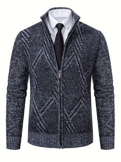 Herren Strickjacke Reißverschluss Stehkragen Geometrisches Muster Warm