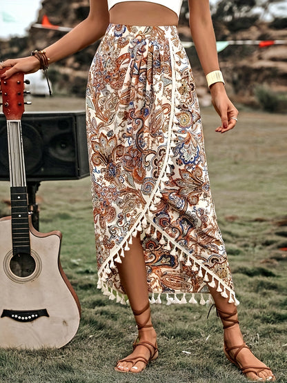 Damen Boho-Wickelrock mit Paisley-Muster und Quasten, Midi, Vintage-Stil, Elegant für Freizeit und Urlaub
