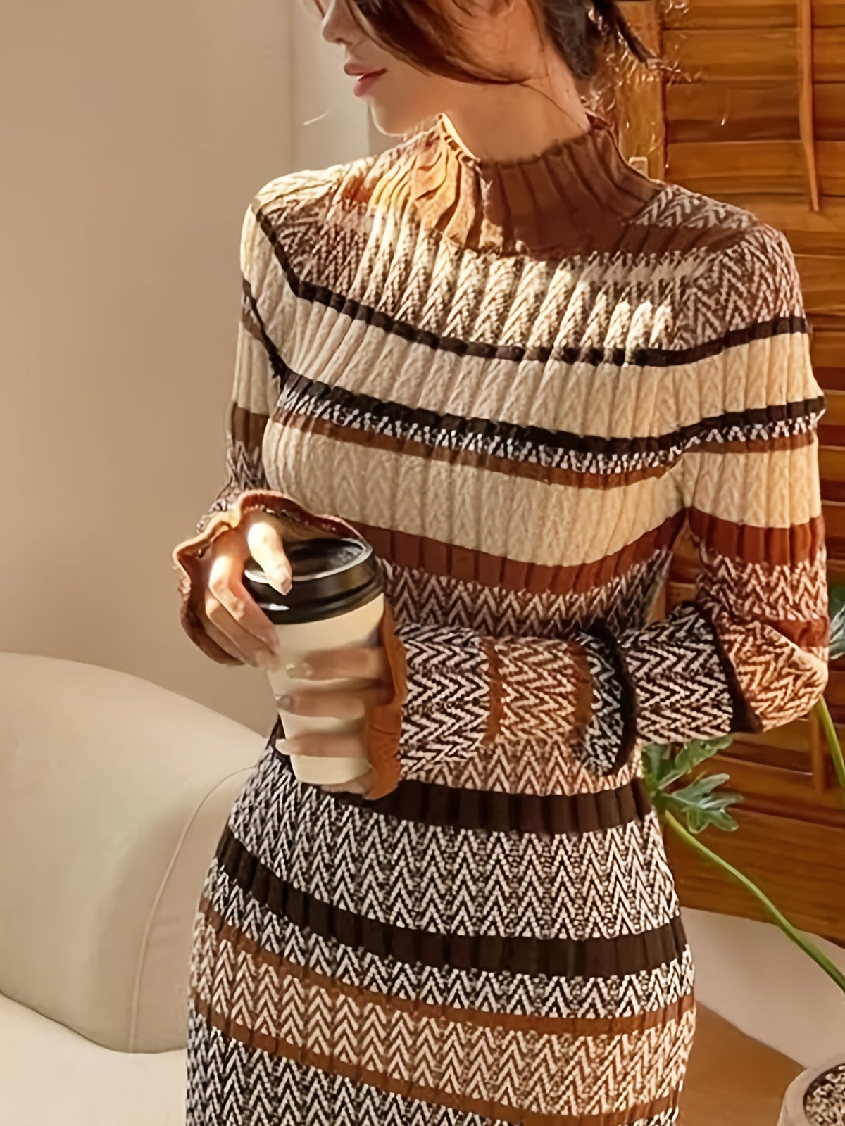 Damen Maxikleid Strickkleid Gemustert Braun Beige Rollkragen Langarm