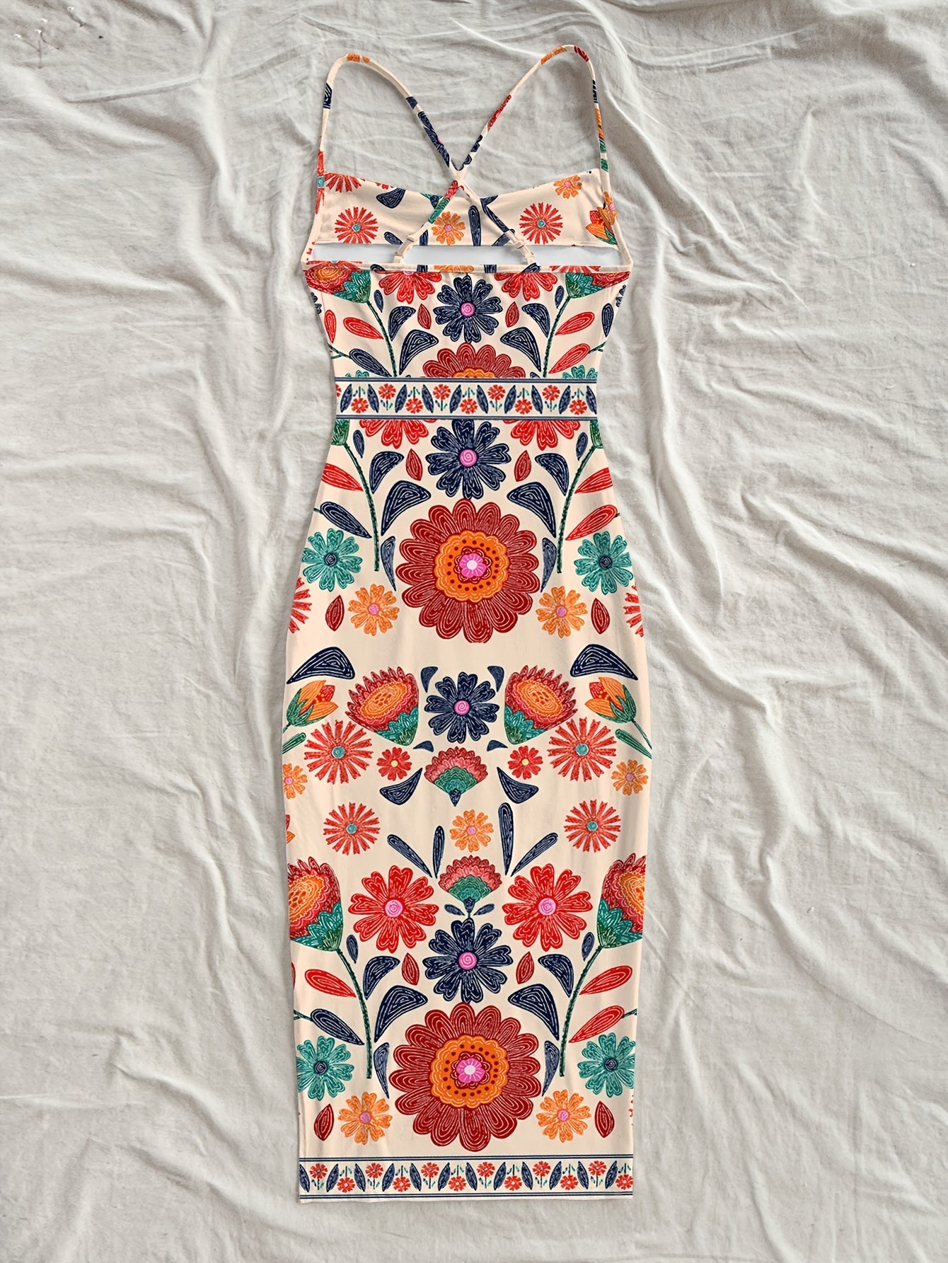 Damen Midikleid mit Blumenmuster und Spaghettiträgern – Boho Sommerkleid für Freizeit & Urlaub