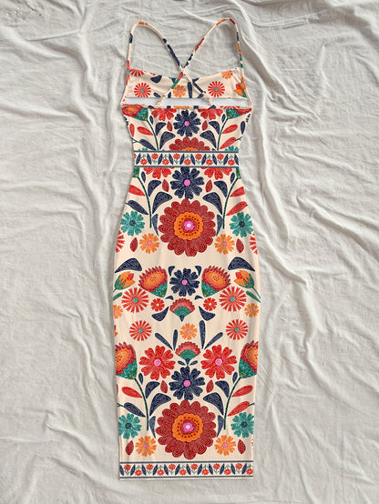Damen Midikleid mit Blumenmuster und Spaghettiträgern – Boho Sommerkleid für Freizeit & Urlaub