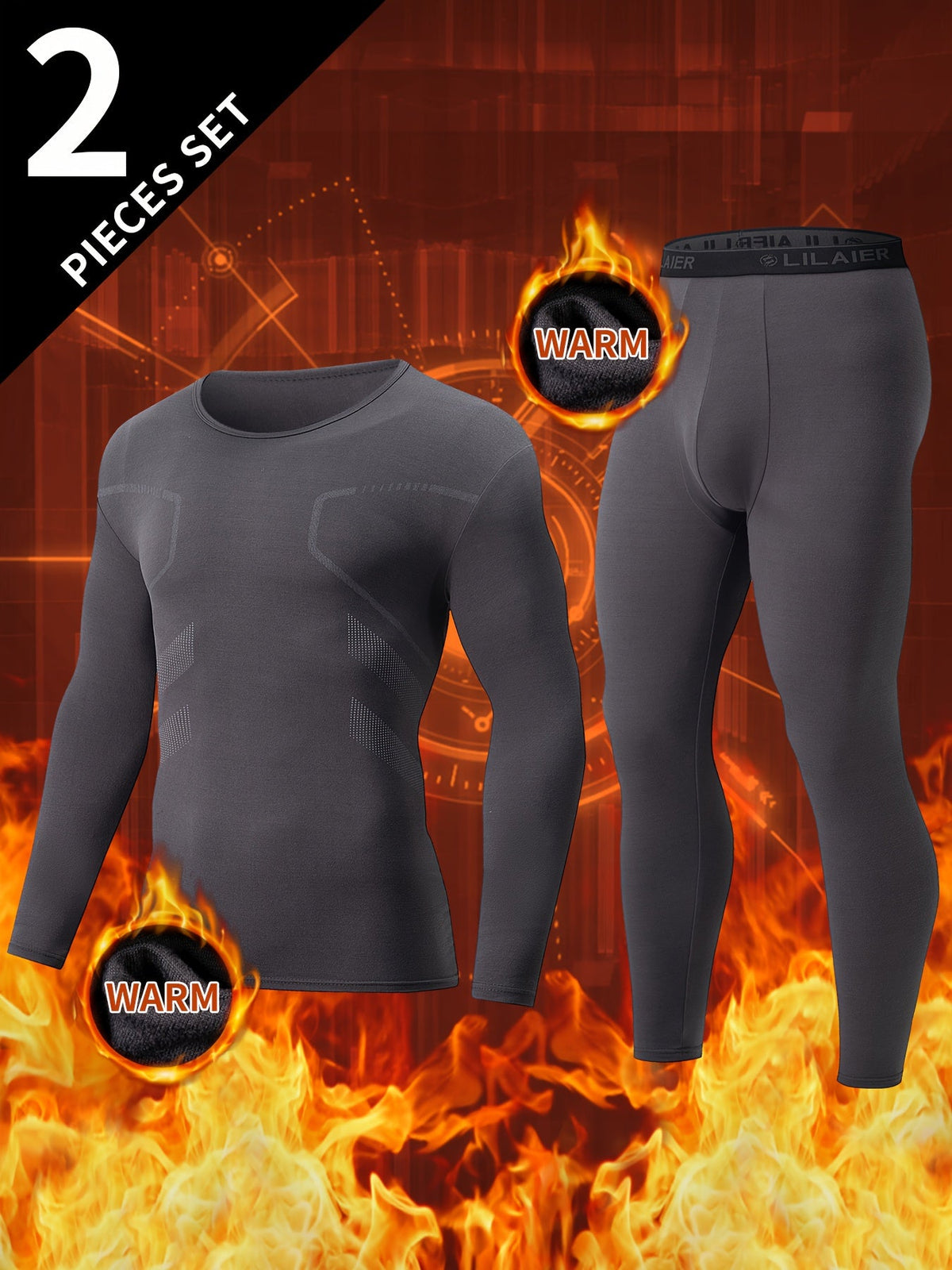 Herren Thermounterwäsche Set Grau Langarmshirt & Hose 2-teilig Warm Enganliegend
