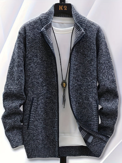 Herren Strickjacke mit Reißverschluss Stehkragen und Taschen meliert