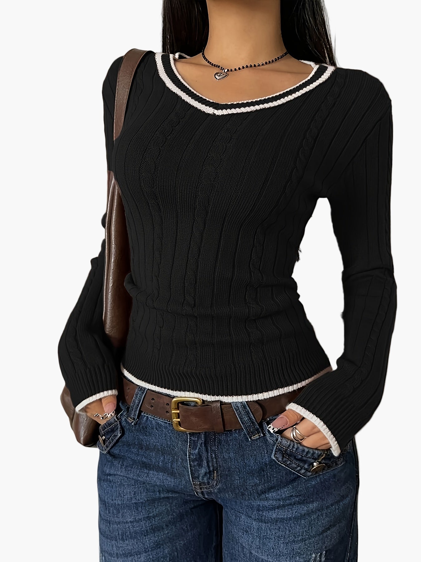 Damen Strickpullover mit V-Ausschnitt und Kontrastkante – Modischer Casual-Look für Alltag und Büro
