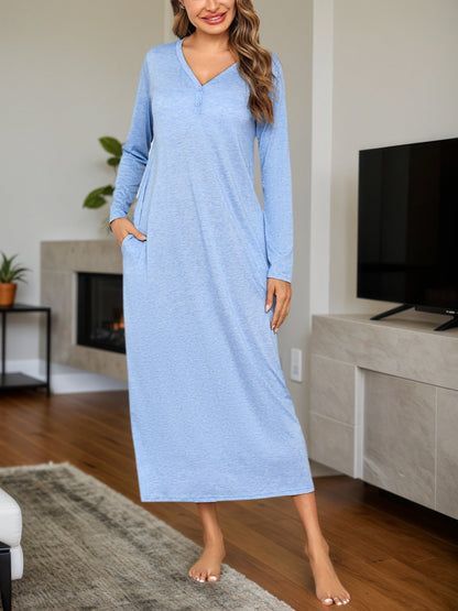 Damen Langarm-Loungewear Nachtkleid mit Knopfleiste – Bequeme Hausmode im Casual-Stil