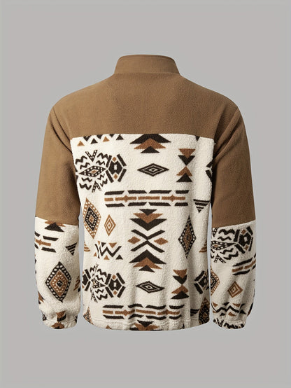 Fleecejacke mit Stehkragen, Braun und Beige, Ethno-Muster, Reißverschluss