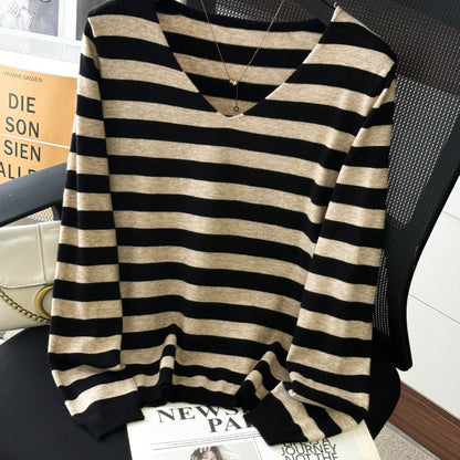 Damen Pullover V-Ausschnitt Gestreift Beige Marineblau Langarm