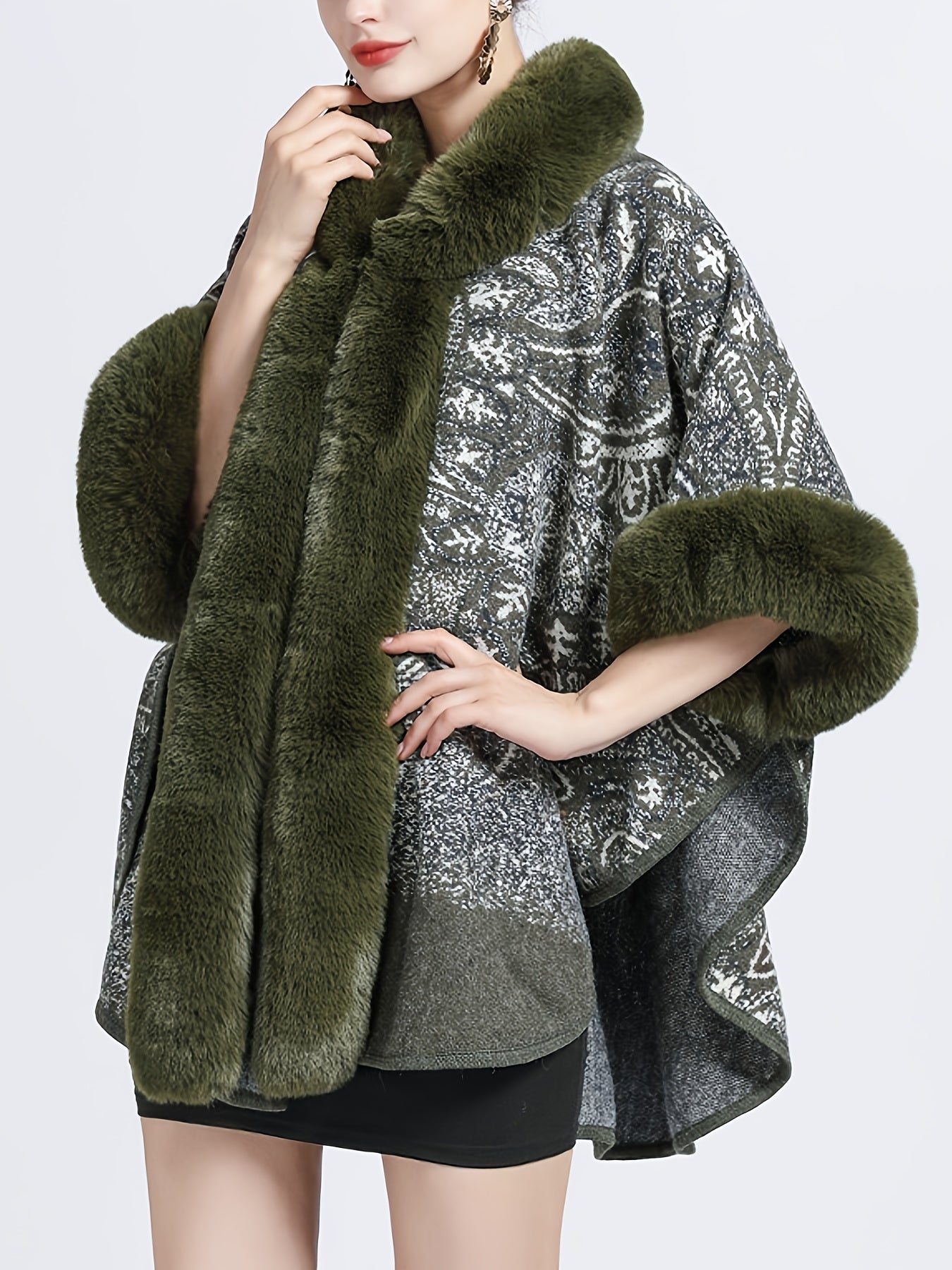 Damen Cape mit Kapuze und Kunstpelzbesatz - Musterbedruckt, Mehrfarbig