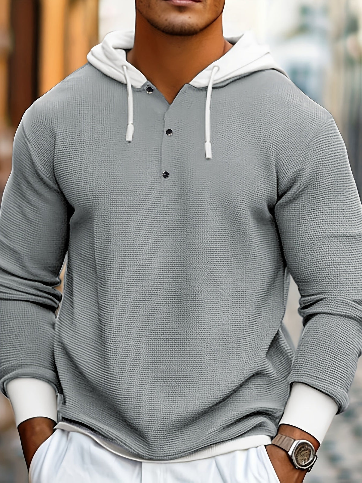 Herren Hoodie Strukturiert Grau Langarm mit Kapuze und Knopfleiste