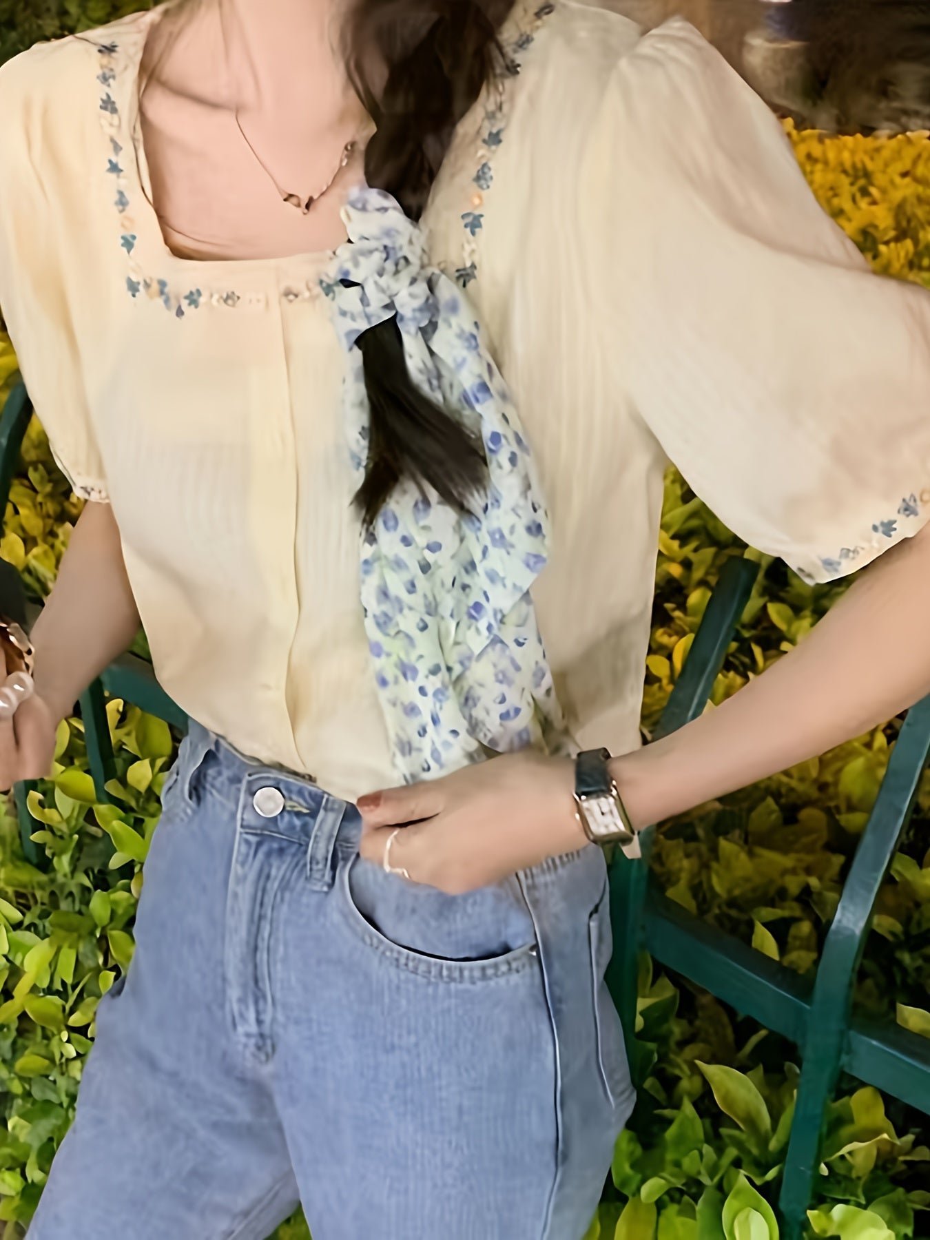 Damen Bluse elegant mit Stickerei und Quadratkragen – Sommer Freizeit Oberteil