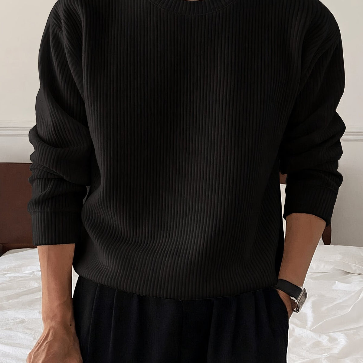 Gerippter Pullover Langarm Rundhalsausschnitt Freizeit Sweater für Herren – Weich & Bequem