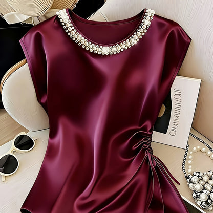 Damen Elegante Bluse mit Perlenkragen und Raffungsdetail – Stilvolles Kurzarm-Oberteil für festliche Anlässe oder Büro